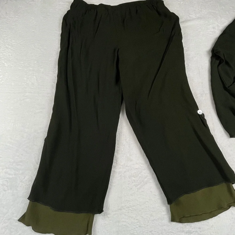 Dinah Lee Womens 1X Rayon Georgette 2 Piece Pant Set Olive Green Black Lagenlook